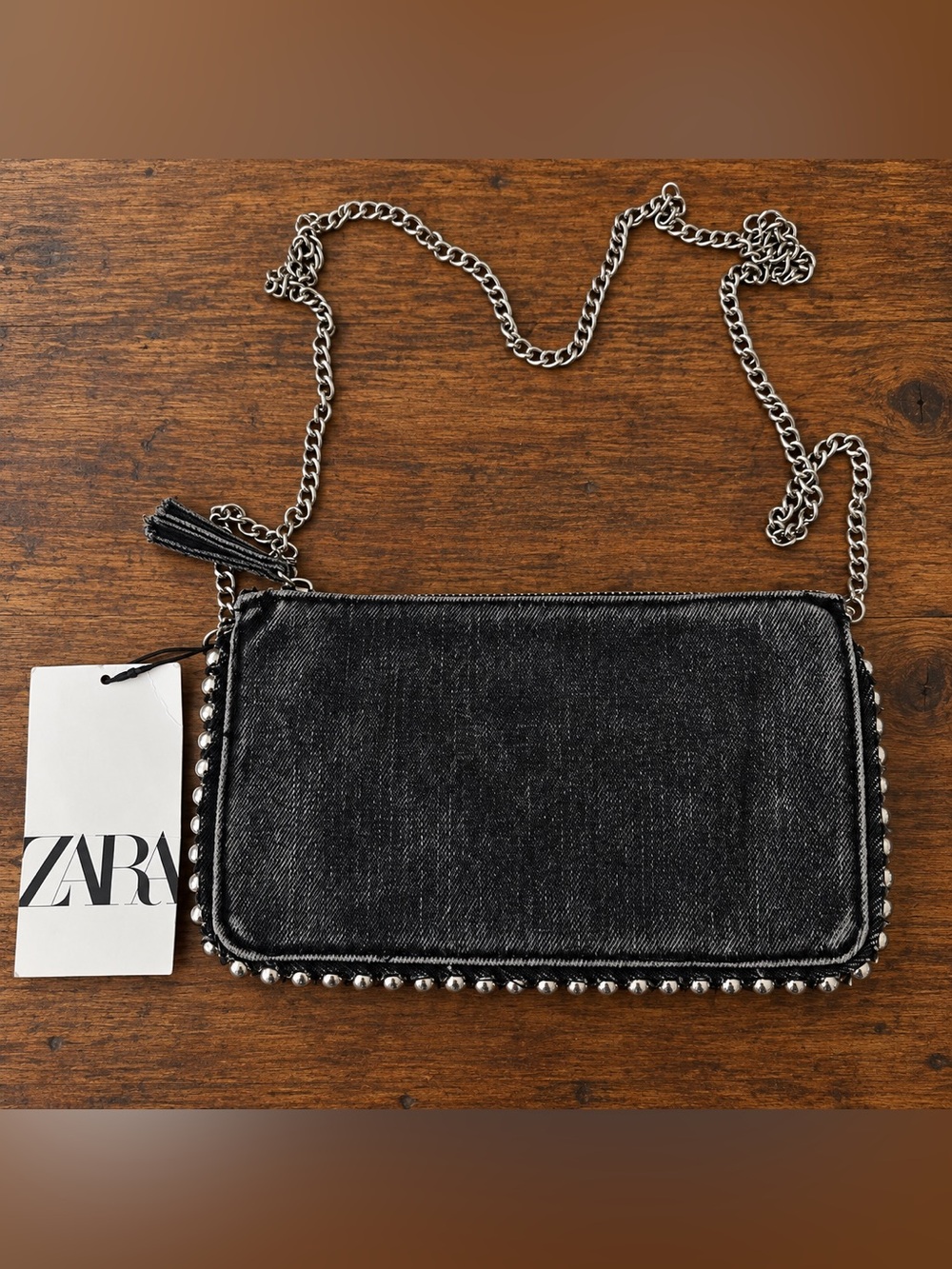 Zara Black Denim Chain-Trim Crossbody Bag